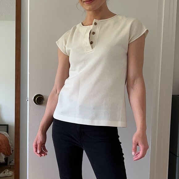 Vintage White Cap Sleeve Tunic Quarter Button Up Top - Picture 1 of 1